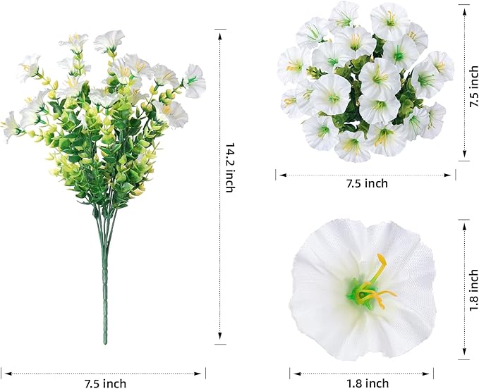 HyeFlora Artificial Flowers for Outdoors Fake Plants Outside Decoration, 12 Bundles Silk White Morning Glory UV Resistant Look Real Faux Flowers for Planter Front Door Porch Patio Yard Gardens Balcony