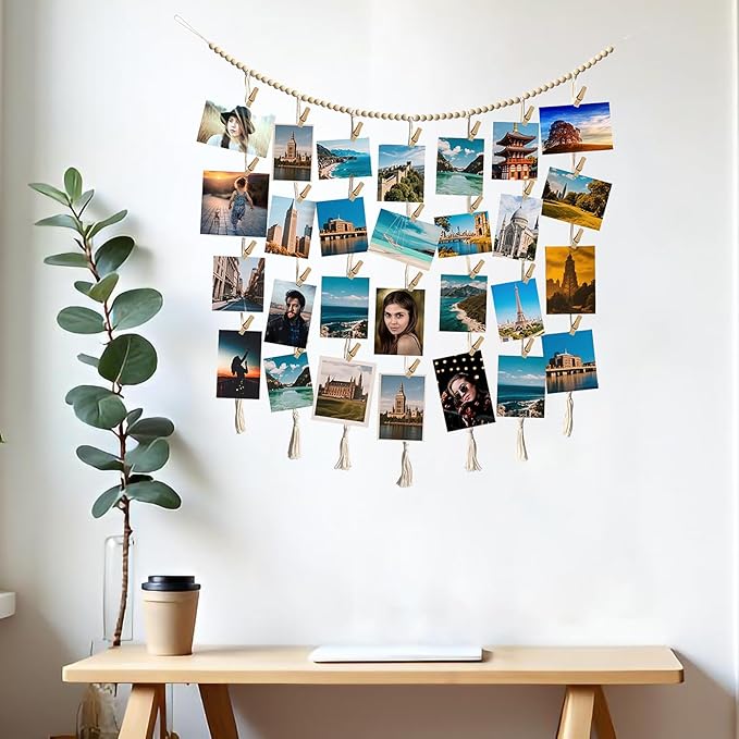 Hanging Photo Display Wall Decor, Macrame Wall Hanging Boho Room Bedroom Decor, Boho Wooden Beads Garland Collage Picture Card Frame Holder with 40 Clips for Bedroom Living Room Dorm, Tapestry