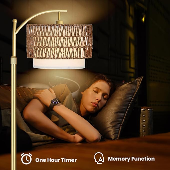 Arc Floor Lamp for Living Room,Gold Floor Lamps with Remote Control & Dimmable Bulb,Rattan Boho Tall Standing Lamp for Bedroom Office