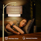 Arc Floor Lamp for Living Room,Gold Floor Lamps with Remote Control & Dimmable Bulb,Rattan Boho Tall Standing Lamp for Bedroom Office