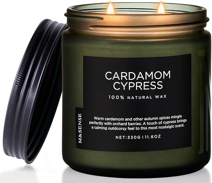 M&SENSE Spice Cardamom Cypress Large Soy Candles for Home Scented 2 Wick Large Soy Natural Candles 11.6oz 70 Hours Long Lasting Slow Burning, Christmas Holiday Woody Scented Winter Gifts