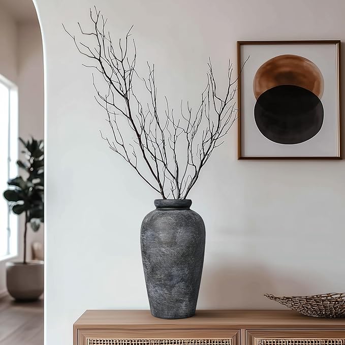 Rustic Vase, 11 inch Large Terracotta Flower Vase, Farmhouse Ceramic Pottery, Distressed Farmhouse Decor for Living Room, Shelf, Entryway, Room Decor, Black Bronze