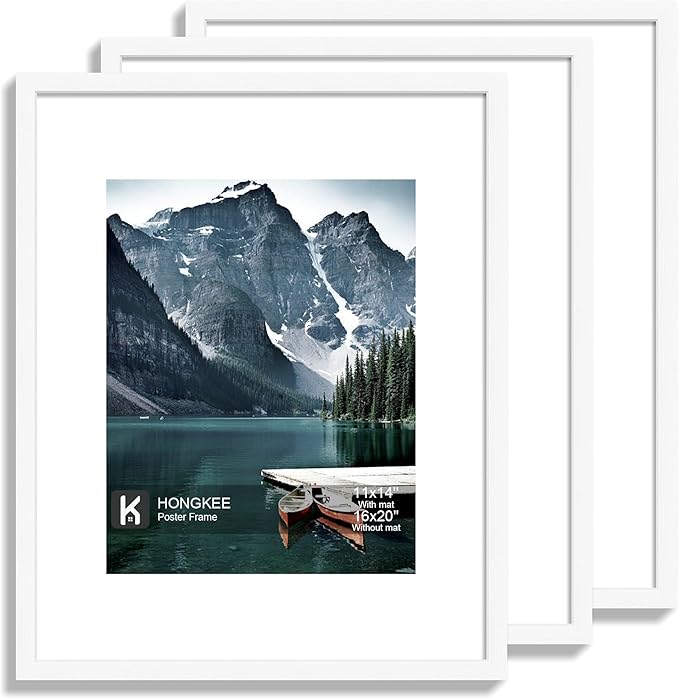 16x20 Frames Set of 3 - Display 11x14 Photo with Mat or 16 x 20 Poster without Mat, Wall Mounting Horizontal and Vertical, White