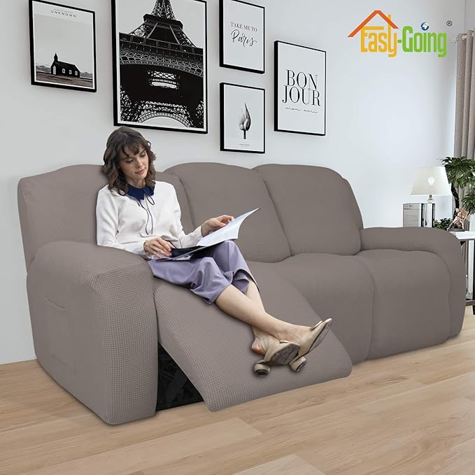 Easy-Going 8 Pieces Recliner Sofa Stretch Sofa Slipcover Sofa Cover Furniture Protector Couch Soft with Elastic Bottom Kids, Spandex Jacquard Fabric Small Checks Taupe