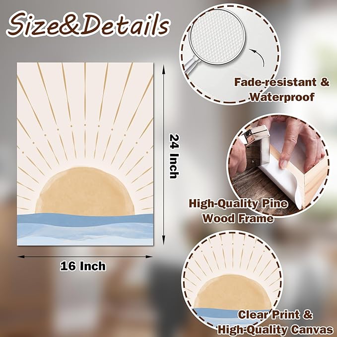 Boho Minimalist Wall Art Set of 3, Framed Canvas Prints - Geometric Line Sunrise Designs, Modern Neutral Wall Art for Living Room, Bedroom, Bathroom, Office, Hotel