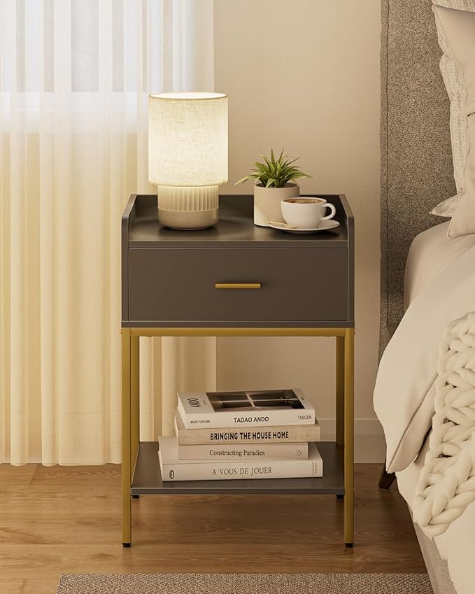 Masupu Grey Nightstand,3-Tier Modern Bedside Table Night Stand with Storage Drawer and Shelf,Small End Side Table for Bedroom,Living Room,(Without Outlet,)