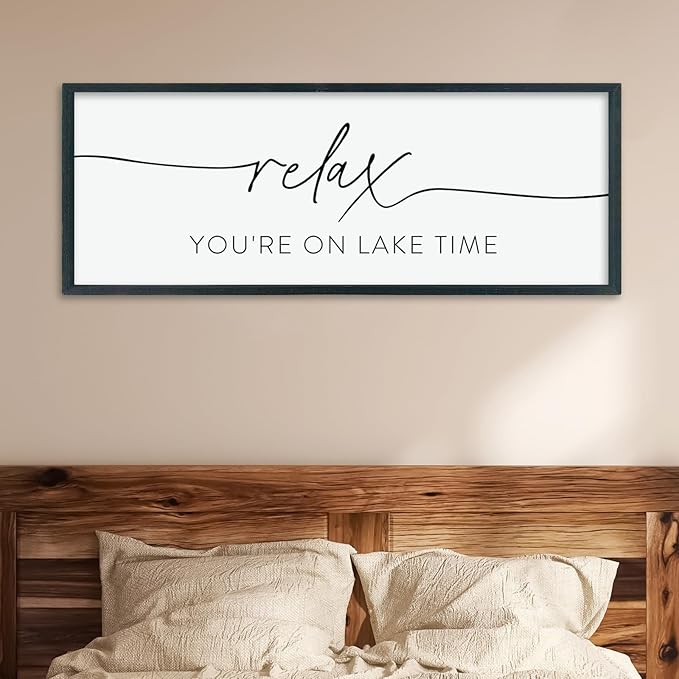 Relax You're On Lake Time Sign Wall Decor 40"×15" Lake House Bedroom Large Wood Framed Hanging Wall Art (Black)