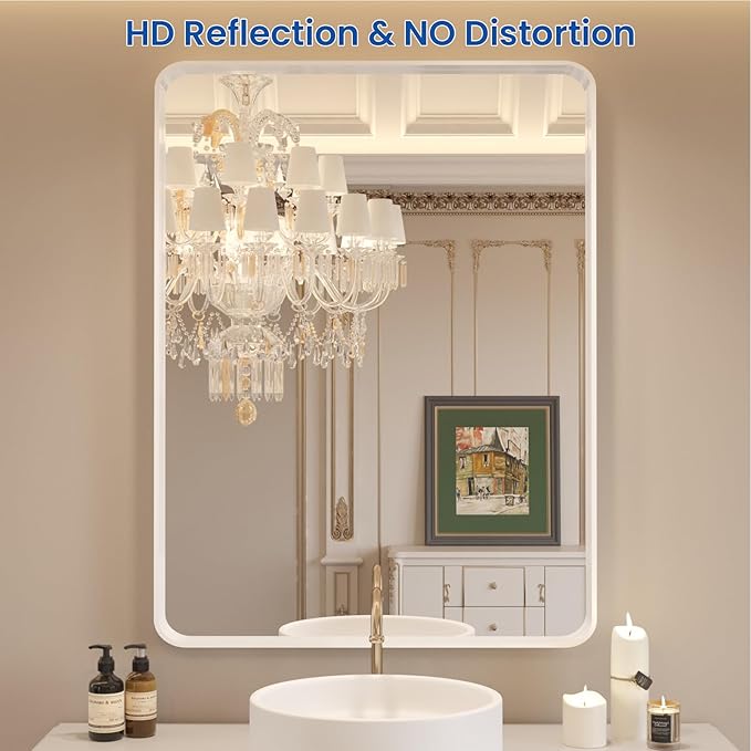 WEER White Bathroom Mirror 20X30 Inch, Rounded Rectangle White Metal Frame Mirror, Matte White Bathroom Vanity Mirror with Tempered Glass, Anti-Rust, Hangs Horizontally or Vertically