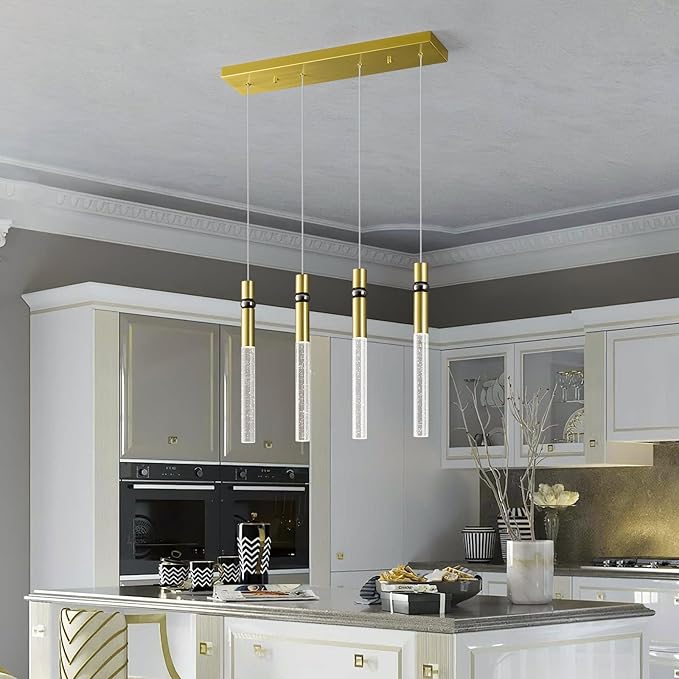 4 Light Pendant Lighting Dining Room Light Fixture Dimmable LED Modern Gold Pendant Light with Bubble Crystal Pendant Lights Kitchen Island