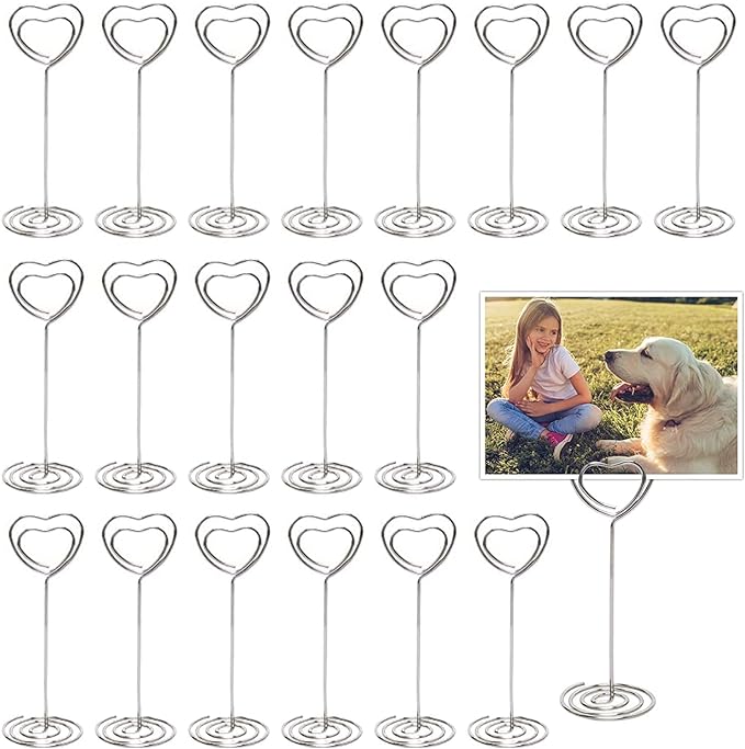 Table Number Card Holders Place Card Holder, 25 Pack Picture Holders for Tables, Heart Shape Photo Number Stands Menu Paper Card Clips for Wedding Party, Office, Restaurant (Silver)
