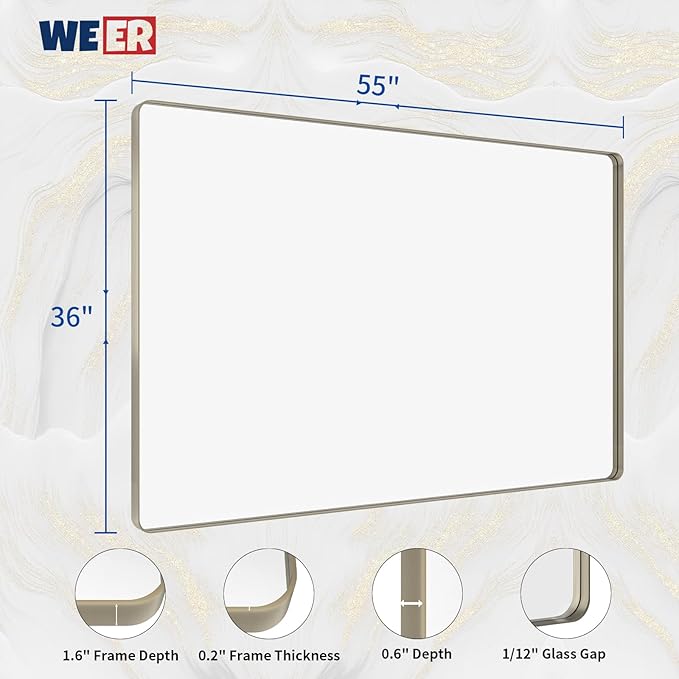 WEER 55X36 Inch Brushed Nickel Bathroom Mirror, Brushed Silver Metal Frame Mirror, Rounded Rectangle Silver Bathroom Vanity Mirror, Tempered Glass, Anti-Rust, Hangs Horizontally or Vertically