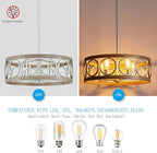 XINGQI 21.7'' Modern Farmhouse Chandelier Drum Pendant Lighting Fixture Hanging Ceiling Lamp for Living Dining Room Over Table, 5 Lights Antique Wood Grain Brushed Nickel with Round Metal