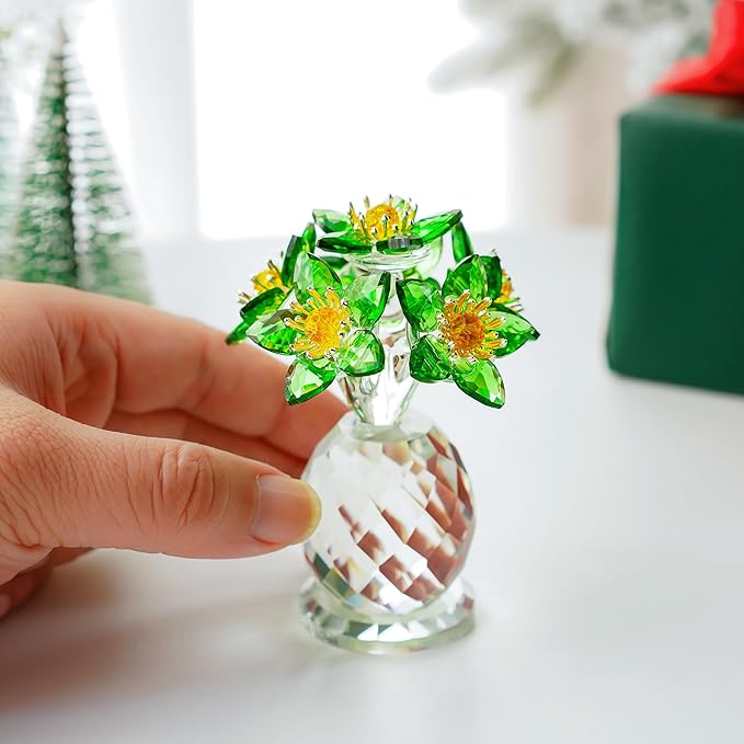 Handcrafted Green Crystal Flower Figurine Christmas Home Decor Elegant Tabletop Centerpiece for Office Desk Unique Gift for Women Mom Wife