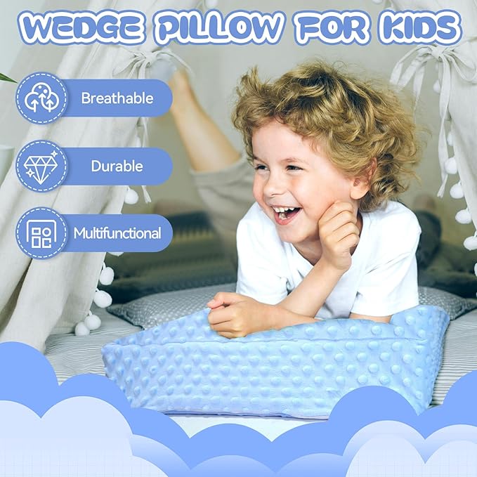 Kids Wedge Pillow with Pillowcase, Memory Foam for Back,Legs & Knees, Relaxation and Comfort, Soft and Breathable, Dot Texture Pillow for Reading Watching TV Gaming Sleeping, Fit for Sofa Floor Room