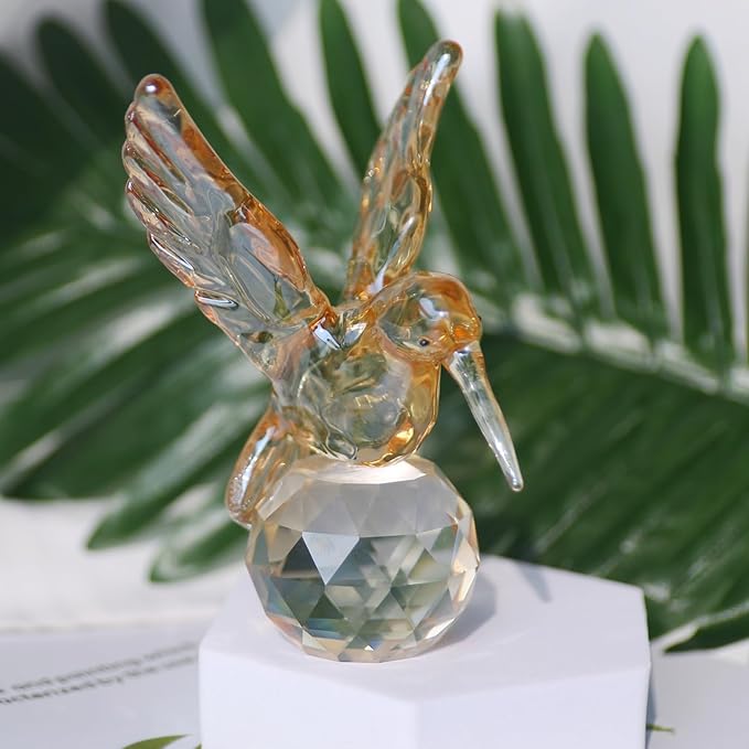 Crystal Glass Hummingbird Figurine Gold Tiny Bird Statue Hand Blown Glass Animal Sculpture Collectible Paperweight Gift for Women