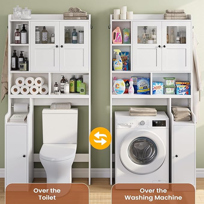 Itaar Over The Toilet Storage Cabinet, Over Toilet Bathroom Organizer with Glass Doors & Toilet Paper Holder Stand, Home Space-Saving Toilet Rack, for Bathroom, Restroom, Laundry(White)