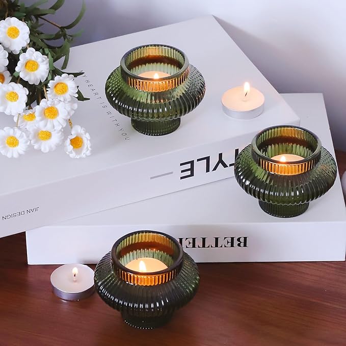 VOHO Green Candle Holder Decor for Dining Table Centerpiece, Ribbed Taper Candle Holders Versatile for Candle Sticks and Tea Lights Candles, Holiday Candlestick Holders Gifts for Friends(Set of 6)