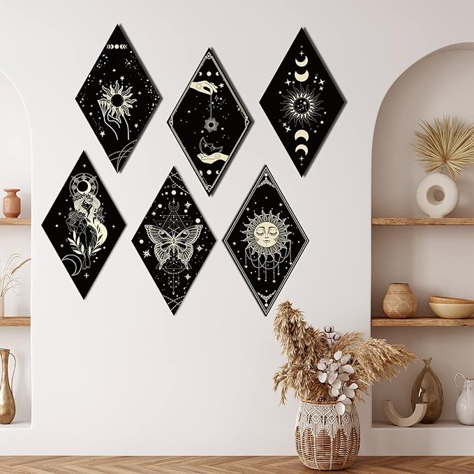Sintuff 6 Pieces Halloween Gothic Wall Decor Boho Sun Moon Phases Wall Art Gothic Minimalist Stars Sun Hanging Wooden Home Decor Farmhouse Pediments for Gallery Living Bedroom Room(Boho)