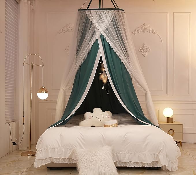 VETHIN Double Layer Princess Round Dome Canopy Bed Curtain for Girls Adults,Children Dreamy Mosquito Net,Cute Bedroom Decoration Castle Play Tent Reading Nook Canopies (Blackish Green/White)