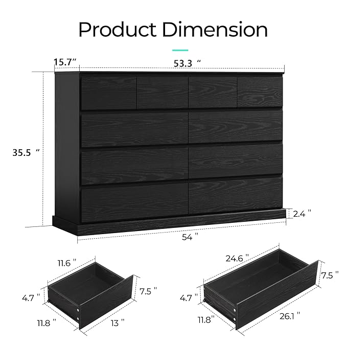 LINSY HOME 10 Drawer Dresser for Bedroom, 53" Wide Chest of Deep Drawers, Modern Farmhouse Wood Dressers with Storage, Large Drawer Organizer for Bedroom, Living Room, Handless Design, Black