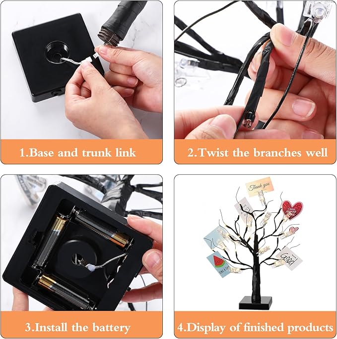 Mudder Money Holder Tree Present Card Holder with 12 Clear Clips LED Birch Twig Lights Tabletop Display Tree for Christmas, Valentines, Memo, Photo, Wedding(Fresh Style,Black, Warm White)