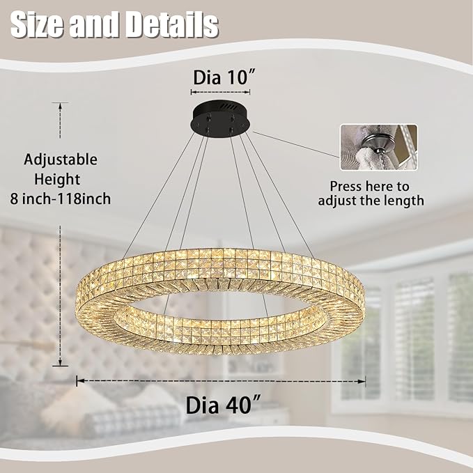 Dia 40" Modern Chandelier Ring Crystal Chandelier Adjustable Height Luxury Crystal Pendant Ceiling Light Fixture for Dining Living Room Bedroom