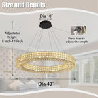 Dia 40" Modern Chandelier Ring Crystal Chandelier Adjustable Height Luxury Crystal Pendant Ceiling Light Fixture for Dining Living Room Bedroom