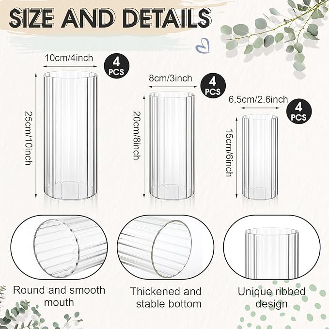 12 Pcs Glass Cylinder Vases for Centerpieces Clear Ribbed Tall Bud Vase for Flower Wedding Decoration Floating Candle and Indoor Home Decor, Housewarming Gift (6/8/10 Inch)