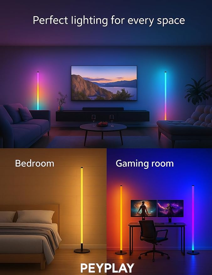 RGB LED Corner Floor Lamp, Smart Adjustable Shape, Music Sync, 16 Million DIY Colors, Remote & App Control, Modern Standing Light for Bedroom Living Room (Circular Base)