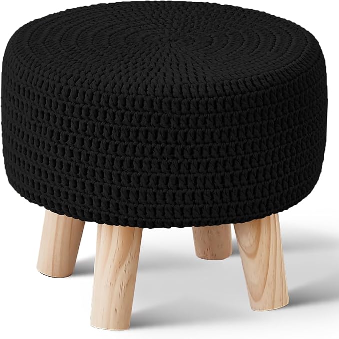 Wimarsbon Small Ottomans, 100% Hand Knitted Pouf Ottoman, Round Footrest with 4 Non-Skid Wood Legs, Boho Décor Cotton Rope Pouffe, Leisure Floor Step Chair for Living Room (Black)