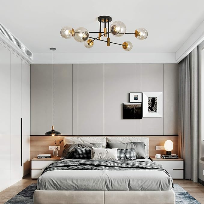 SZXYKEJI 6-Lights Glass Chandelier，Modern Flush Mount Ceiling Light Fixture，Farmhouse Lighting for Dining Room Living Room Bedroom Kitchen Passageway..