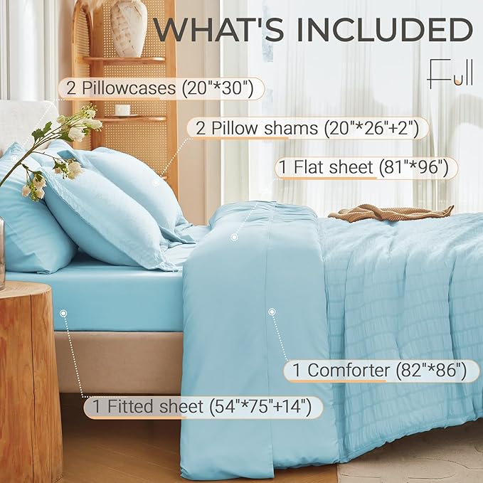 MUXHOMO 7 Pieces Full Comforter Set, Seersucker Bed in a Bag Full Size, All Season Luxury Bedding Set with Comforter, Flat Sheet, Fitted Sheet, Pillowcases & Shams, Lake Blue