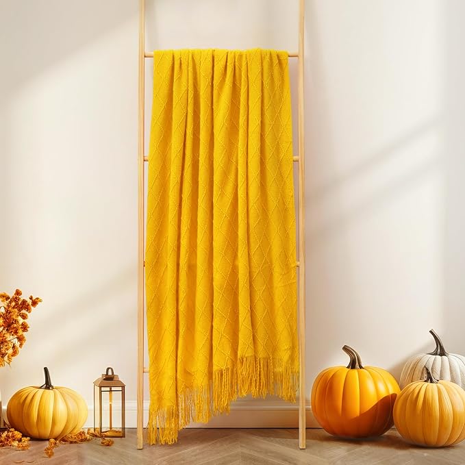 inhand Knitted Fall Throw Blanket for Couch and Bed, Knit Fall Decor Halloween Blanket with Tassel, Mustard Yellow Lightweight Decorative Farmhouse Warm Woven Blankets and Throws for Women, 60"x80"