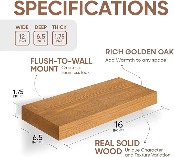Homeforia 16 inch Golden Oak Floating Shelf, High End Solid Real Wood 16inch Small Floating Shelves for Wall Mounted, Oak Wooden 16in Floating Shelves, Heavy Duty Bracket, 16 X 6.5 X 1.75 in, Set of 3