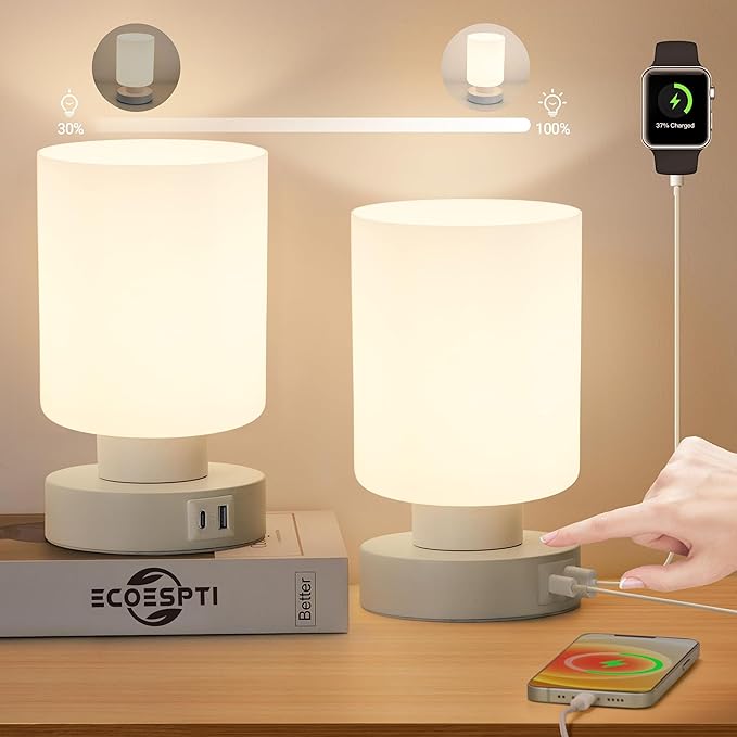 Touch Bedside Lamp, Mini Stepless Dimmable Table Lamps for Bedroom for Night Stands, Small Desk Lamp with Brightness Memory, USB Charging Ports, Warm LED Bulb, White, Cylindrical Shape, 2 Set