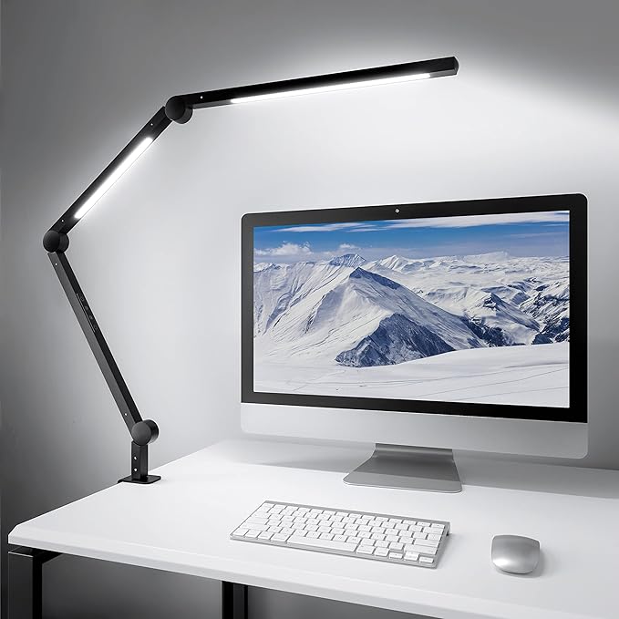 MediAcous LED Desk Lamp with Clamp, Dual Light Desk Lamp with Swing Arm, 4 Color Modes & 4 Brightness Metal Table Lamp, Eye-Caring Clip-on Lamp with Memory Function for Home Office Work Study