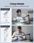 Magnifying Desk Lamp, 10X Square Magnifying Glass with Light and Stand, Dimmable LED Magnifier Lamp with Clamp and Base, Adjustable Swing Arm Light for Close Work, Reading, Crafting, Black