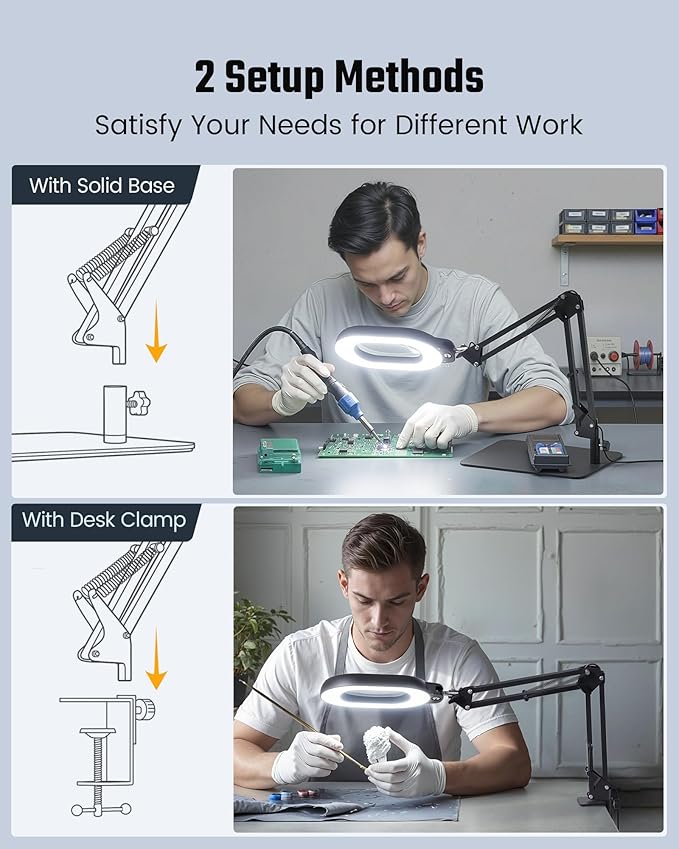 Magnifying Desk Lamp, 10X Square Magnifying Glass with Light and Stand, Dimmable LED Magnifier Lamp with Clamp and Base, Adjustable Swing Arm Light for Close Work, Reading, Crafting, Black