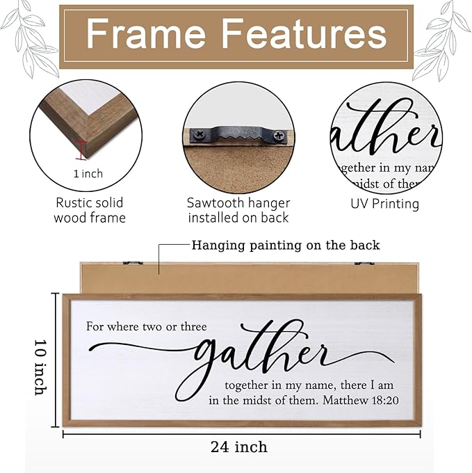 For Where Two Or Three Gather Sign Dining Room kitchen Wall Decor Bible Verse Scripture Matthew 18:20 Wooden Frame 32X12 Inch for Christian Family Hanging Art (Wood)