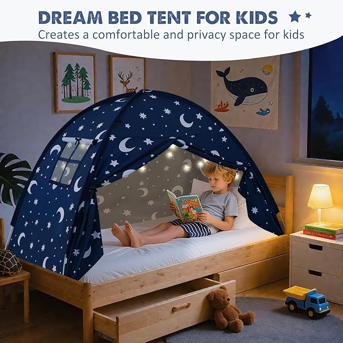Twin Bed Tent for Kids, Twin Size Bed Canopy with Star Lights, Privacy Space Blackout Sleeping Tents, Indoor Breathable Portable Floor Bed Tent for Boys and Girls, Dark Moon & Stars