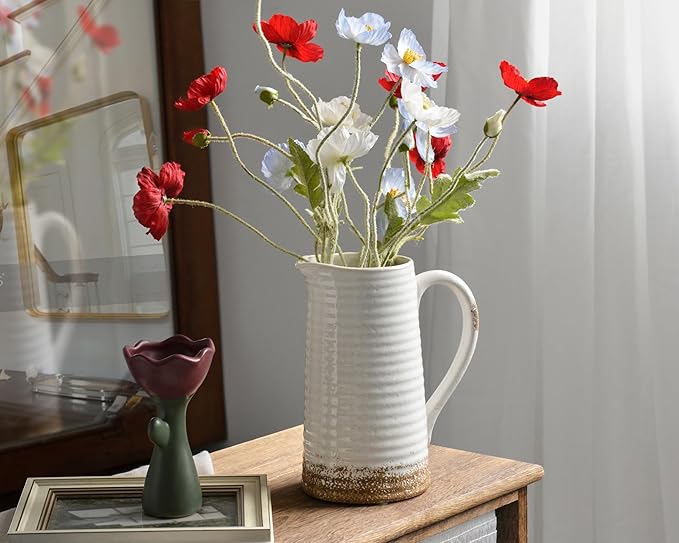 Quoowiit Ceramic Rustic Vase with Handle, White Distressed Decorative Farmhouse Pitcher Vase for Home Decor Living Room Bedroom Kitchen Office Shelf Decor Centerpiece Table Decoration