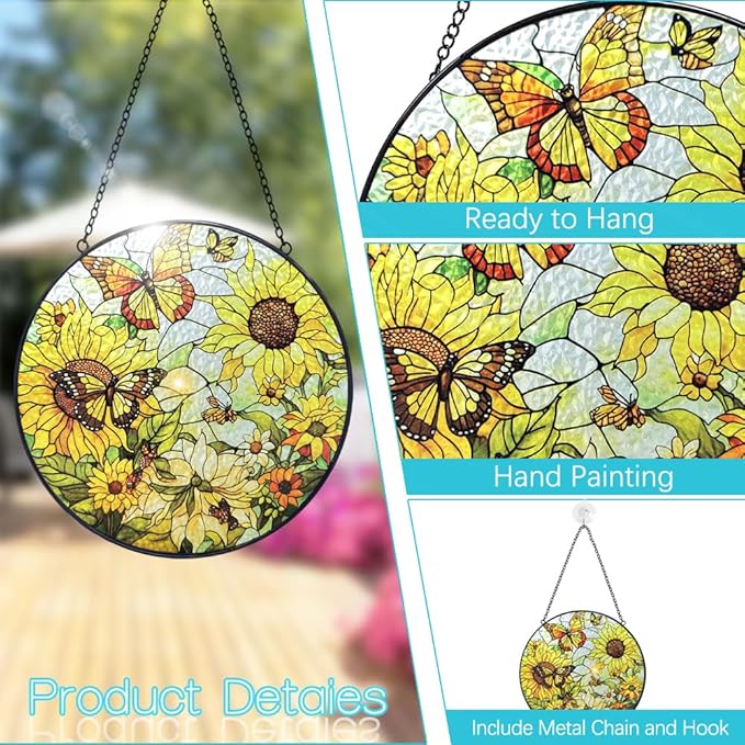 Sunflower Sun Catcher Stained Glass Window Hangings - 8” Handmade Butterfly Stained Glass Suncatches for Windows - Sun Catchers Indoor Wall Art Home Garden Suncatcher - Sunflower Gifts for Women Mom