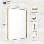 WEER Gold Bathroom Mirror, 22X30 Inch Brushed Gold Metal Frame Mirror, Rounded Rectangle Gold Bathroom Vanity Mirror for Wall, Tempered Glass, Anti-Rust, Hangs Horizontally or Vertically