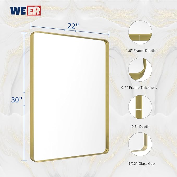 WEER Gold Bathroom Mirror, 22X30 Inch Brushed Gold Metal Frame Mirror, Rounded Rectangle Gold Bathroom Vanity Mirror for Wall, Tempered Glass, Anti-Rust, Hangs Horizontally or Vertically