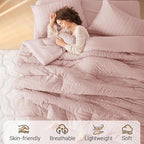 MUXHOMO 7 Pieces Queen Comforter Set, Seersucker Bed in a Bag Queen Size, All Season Luxury Bedding Set with Comforter, Flat Sheet, Fitted Sheet, Pillowcases & Shams, Rose Gold