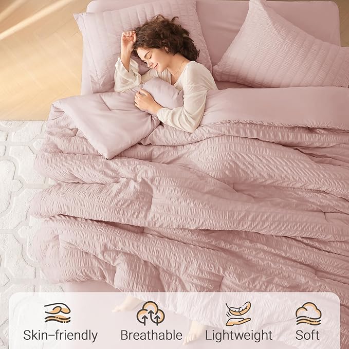 MUXHOMO 7 Pieces Queen Comforter Set, Seersucker Bed in a Bag Queen Size, All Season Luxury Bedding Set with Comforter, Flat Sheet, Fitted Sheet, Pillowcases & Shams, Rose Gold
