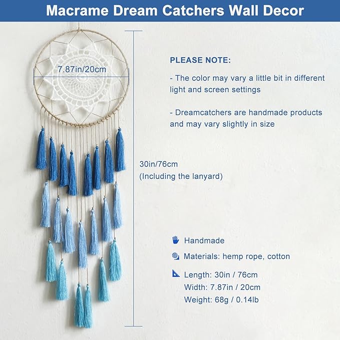 Artilady Macrame Dream Catchers for Bedroom - Tassel Wall Hanging Handmade Dreamcatchers Home Decor with Tassel Feather Ornament Craft Blessing Gift (Blue)