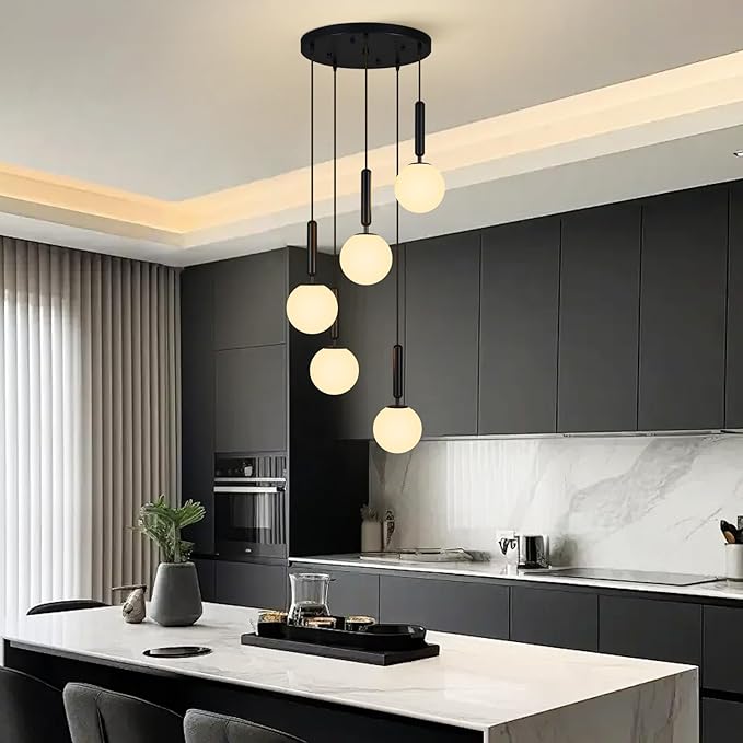 Modern Black Pendant Light Hanging Fixture Light for Kitchen Island Mid Century with Globe Pendant Light Milk White Glass Pendant Lighting for Living Room Bedroom Entryway (5 Lights)