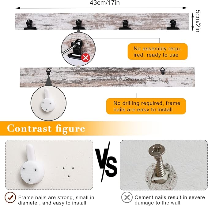 Picture Frame With 24 Clips,Large Size Collage Photo Frames, Hanging Wall Decor Frame, Organize and Display Photos, Artwork. No Assembly Required, Distressed White