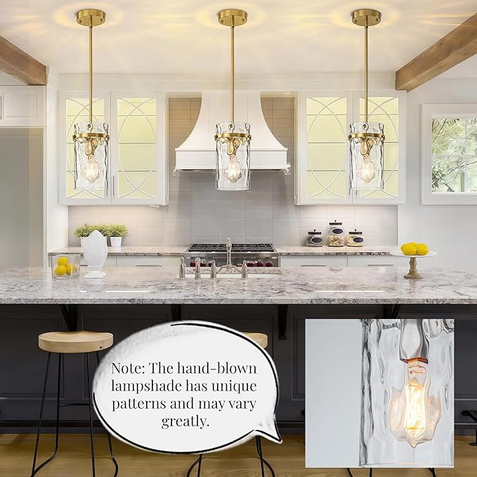 Brass Hammered Hand-Blown Glass Pendant Light, Pendant Lights Kitchen Island Lighting Gold Pendant Light Adjustable Brass Pendant Light Fixtures Dining Room Farmhouse Chandelier 2 Pack